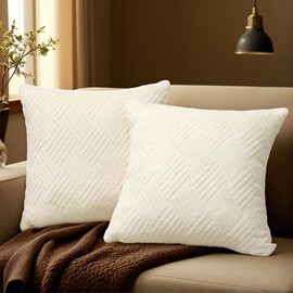 Luxury Faux Fur Decorative Throw Pillow Covers - Set of 2, Soft Embossed Square Cushion Covers for Sofa Bed, 18x18 Inches, Hidden Zipper Closure, Ideal for Living Room Bedroom Decoration, Off White