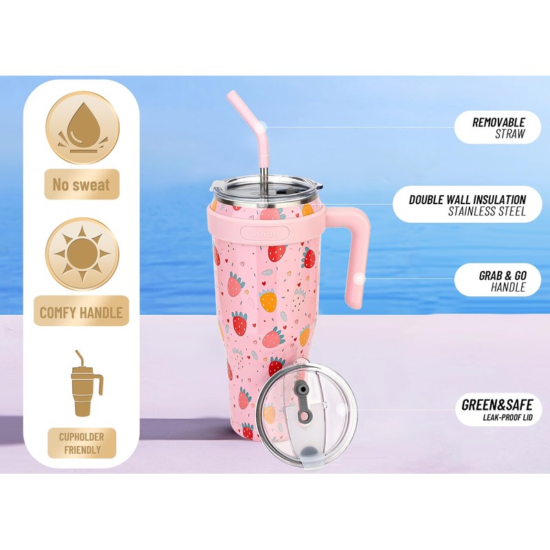 Zenbo 50oz Stainless Steel Tumbler with Handle & Straw Lid