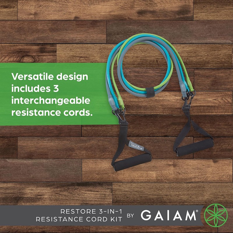 Gaiam 3-in-1 Resistance Band Kit with Comfort-Grip Handles and Interchangeable