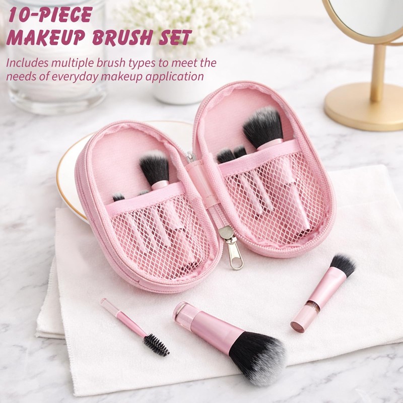 10-Piece Mini Pink Travel Makeup Brush Set with Pouch, Pink