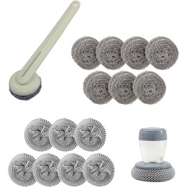 BFJ Stainless Steel Wool Brush Dish Scrubber with Handle Replacement Heads - Steel Scrubbing Scouring Pad Set of 16, Kitchen Cleaning Metal Dish Scrubber for Washing Dishes Grate Pot Pan Sink