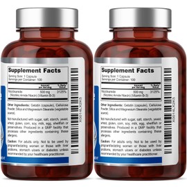 B-3 Nicotinamide 500 mg 100 Caps 2 Pack - Nicotinic Amide Niacin Natural Flush-Free Vitamin Formula - Supports Skin Cell Health