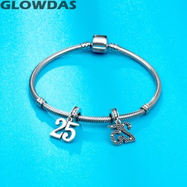 GLOWDAS 10 to 25 28 30 31 33 35 36 40 45 50 55 60 65 70 75 80 Birthday Charms, Fits European Anniversary Bracelet/Necklace, 925 Sterling Silver Number Pendant Beads, Gifts for Family/Friends, Sterling