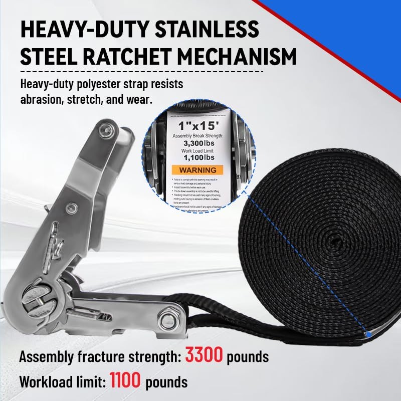 【4PCS】 1"×15‘ Stainless Steel Heavy Duty Tie Down Strap| S-Hook/Carabiner/Double