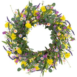 LLZLL Spring Wreath 22" Spring Wreaths for Front Door Artificial Summer Wreath with Eucalyptus Leaf Lavender Daisy for Indoor Outdoor Home Decor Festival Celebrations