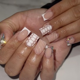 IMSOHOT Press on Nails Square Short Fake Nails French Tips False Nails with Rhinestone Design Glossy Glue on Nails Full Cover White Crocodile Print Acrylic Nude Nail Supplies for Women Girls