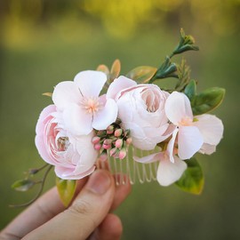 Fangsen Silver Boho Pink Rose Buds Floral Hair Piece Bridal Floral Hair Headpiece Barrette Prom Girl Festival for Flower Girl Brides and Bridesmaids
