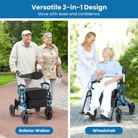 GYMAX Walkers for Seniors, Folding Rolling Walker with 8" Wheel, 300lbs, Reversible Backrest, Detachable Storage & Umbrella Holder, Adjustable Rollator Walker with Seat (Blue-Upgraded with Armrest)