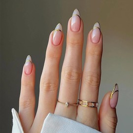 BABALAL Gold Press on Nails Medium Almond Fake Nails French Tip Acrylic Nails 24Pcs Manicure False Nails Stiletto Full Cover Stick on Artificial Nails