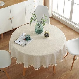 Dremisland Cotton Linen TableCloth Solid Color Tassel Round Beige Tablecloth Dust-Proof Shrink-Proof Table Cover for Kitchen Dinning Thanksgiving Christmas Tabletop Decoration (Beige, Round-150cm)