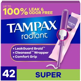 Tampax Radiant Tampons for Women, with LeakGuard Braid, Super Absorbency, Unscented, 42 Count