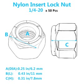 1/4-20 Nylon Insert Lock Nuts Marine Grade 316 Stainless Steel Coarse Thread Hex Nuts for Marine Hardware Coastal Equipment Industrial Construction Fasteners Plain Finish (50 Pack)