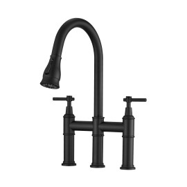 3-Hole Brushed Nickel Bridge Kitchen Faucet with Pull Out Sprayer 2-Handle Kitchen Sinks FaucetColor: NICKEL, Surface Finishing: Nickle
