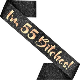 PartyForever 55th Birthday Decoration Sash for Women I'm 55 es Sash Black 32 inch Long with Rose Gold Letters for Her