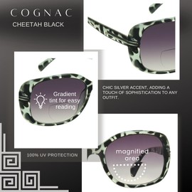 proSPORT Womens Bifocal Reading Sunglasses Animal Print Cheetah Leopard Black Dark Grey Gradient Lens Oversize Silver Accent +1.00 to