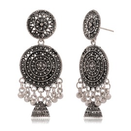 Onyx Oasis Women's Traditional Silver Oxidised Chandbali Ethnic Design Jhumka/Jhumki Earrings for Women-29
