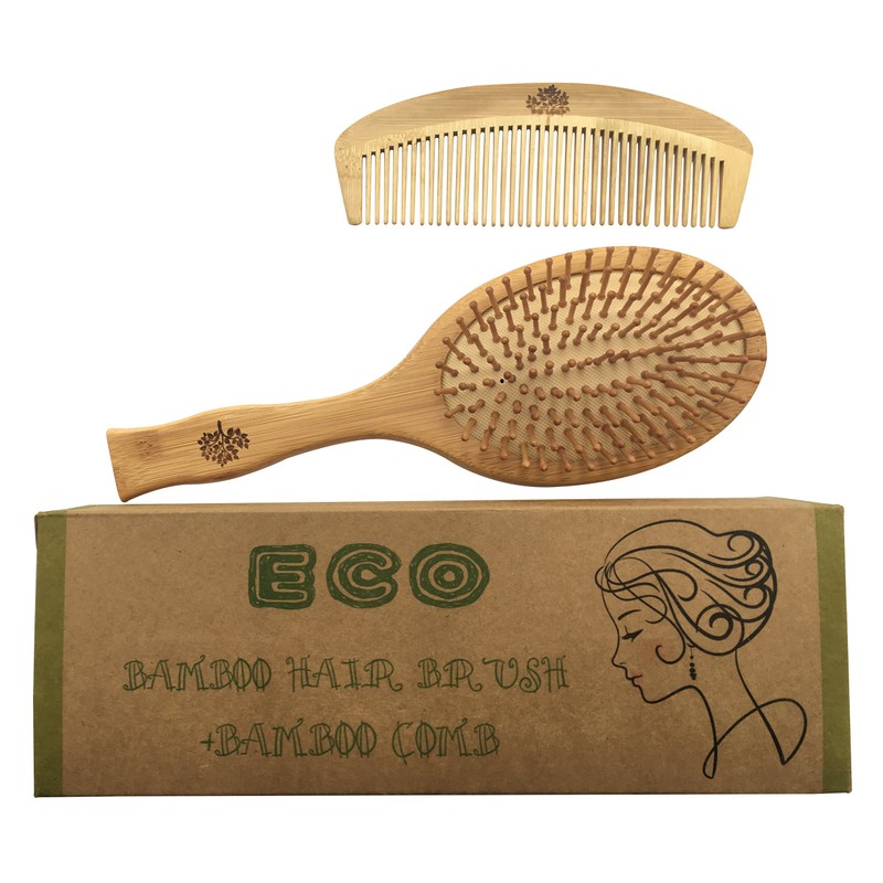 Bamboo hair brush and comb made of bamboo, set of