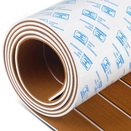 OCEANBROAD Boat Flooring EVA Foam Self-Adhesive 96''x21.6'' Faux Teak Marine Boat Decking Sheet for Jon Boats Yacht Floor, Brown with White Seam Lines