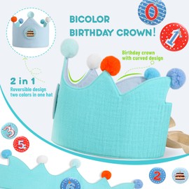 Ulibanner Reusable Birthday Crown, Numbers, Kids Birthday Hat, Fabric Crown, Toddler Boy Girl Baby Bday Hats (Sky blue + light blue1)