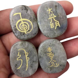 Loveliome 4 Pcs Moonstone Engraved Chakra Stones Healing Crystal Reiki Balancing Palm Stone, 25mm