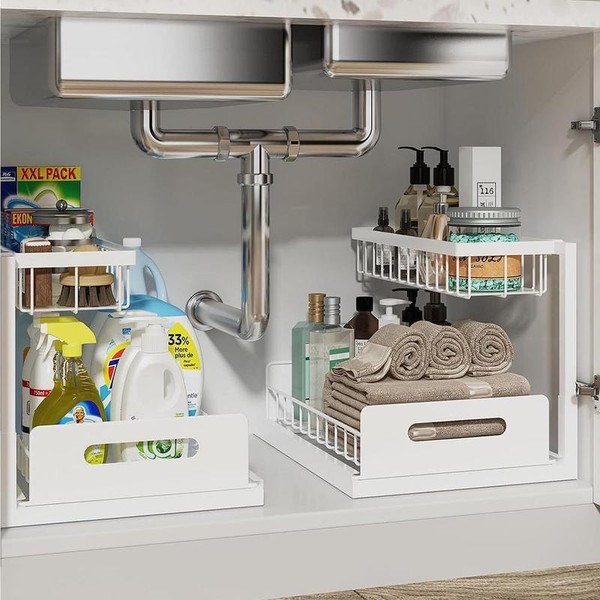 2 Pack L Shaped Under Sink Organizer and Storage, Sliding