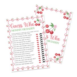 ISOVF Cherry Theme Guess Who Mommy or Daddy Game, 5"×7" Baby Shower Games for Adults, 25 Pcs Gender Neutral Cards for Activities Supplies Decorations - L03