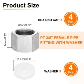 sourcing map 4pcs Hex End Cap 304 Stainless Steel Nut with Washer, PT 3/8" Female Thread Pipe Fitting, Gas Line Water Line Stop Valve Cap Tubing Ends for Plumbing Fittings, Silver Tone