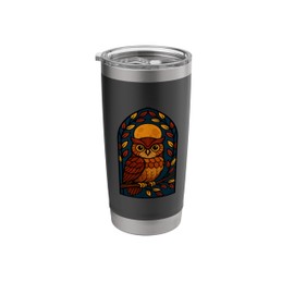 Wise Owl Perched in Stained Glass with Autumn Leaves Stainless Steel Insulated Tumbler