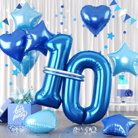 Blue Number 10 Balloons, 40inch Dark Blue Number 10 Balloons, 10 Number Balloons Set, Bule Foil Star Heart Balloons With Long Balloons For Boys 10th Birthday Party 1st Kids Baby Shower Decorations