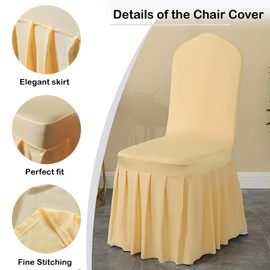 Qubjus 6 Pack Stretch Spandex Dining Chair Covers with Skirt – Washable & Fitted Slipcovers for Dining Room Chairs, Weddings, Home, Hotel Decor – Champagne