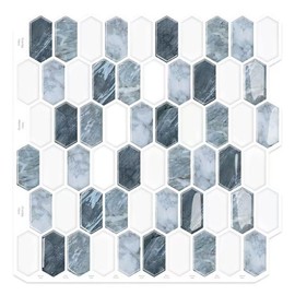 10-Sheet Backsplash Peel and Stick Tile Faux Marble 12"x12" White Blue Long Hexagon Self-Adhesive Glossy Heat Resistant Waterproof 3D Wall Panel Stick on Backsplash Kitchen Bathroom RV Fireplace