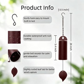Large Deep Tone Wind Chimes for Outside, Metal Wind Bell with Leaf Wind Catcher, Big Deep Wind Chimes for Patio and Garden, Meditation & Rustic Home Decor, Rain Bells for Outside, Brown
