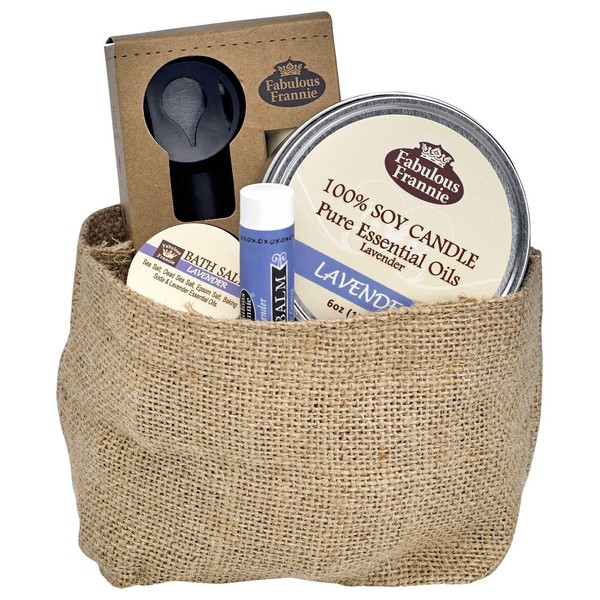Fabulous Frannie All Natural Lavender Gift Basket includes 6oz Candle, 1oz Bath Salt, Lip Balm, and Car Diffuser with 10ml Pure Essential Oil