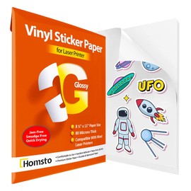 Homsto Vinyl Sticker Paper, Glossy Printable Vinyl Sticker Paper for Laser Printer, Quick-Drying, Water and Scratch-Resistant, Self-Adhesive for Most Surfaces, 8.5 x 11 Inches