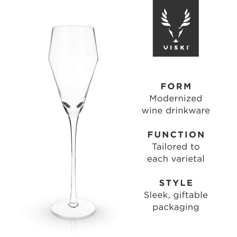 Viski Angled Prosecco Sparkling Wine Glasses, Crystal Clear Long Stemmed