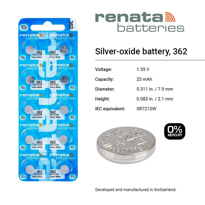 Renata 362 SR721SW Batteries - 1.55V Silver Oxide 362 Watch