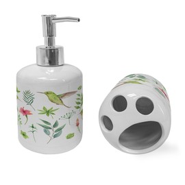 Ambesonne Hummingbird Soap Dispenser & Toothbrush Holder Set, Nature Spring Plant Herb Themed Isolated Leaves Twig Birds Demonstration, Ceramic Bathroom Toiletry Accessories, 2 Pcs, White Apple Green