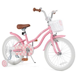 BABY JOY Kids Bike, 18 Inch Boys Girls Bike w/Adjustable Seat, Basket, Handbrake Coaster Brake, Training Wheels or Kickstand, Kids Bicycle with Multi-Color (Rose Red)