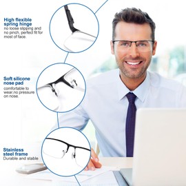 M.A.K 3pcs Reading Glasses Men, Metal Blue Light Blocking Readers, Spring Hinge Computer Readers Eyeglasses (Black, 2, x)