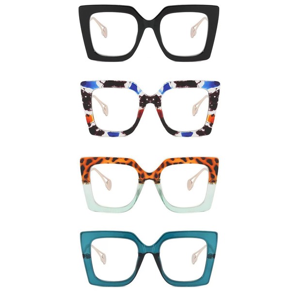 Murddoa - Juego de 4 anteojos cuadrados de gran tamaño con bloqueo de luz azul para mujer, bonitos y elegantes marcos para anteojos de moda, 4 pares (negro, flor, leopardo y azul y azul), Medium