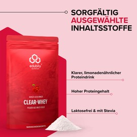 edubily nutrition® Clear Whey Isolat - Klarer Proteindrink - ca. 90% Proteingehalt - Laktosefrei - 500 g Pulver - Fruchtige Geschmacksrichtungen (Kirsche)