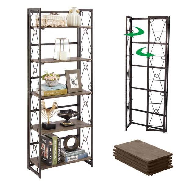 VECELO Bookshelf, 5 Shelf Folding Bookcase No Assembly, Industrial Metal Freestanding Shelves Rack Organizer for Living Room, Office, Bedroom, Kitchen, Dark Brown, 1 Set