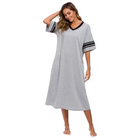 Vslarh Women's Nightgown Long Loungewear Short Sleeve Sleepshirt V Neck Pajama Dress with Pockets S-3XL Gray