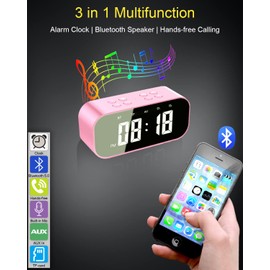 AFK Alarm Clock for Bedroom/Office,Small Digital Clock with Bluetooth Speaker,Desk Clock with Dual Alarms,Snooze,Mirror LED Display,Hands-Free Calling for Girls/Adults.(12H Format,Pink)