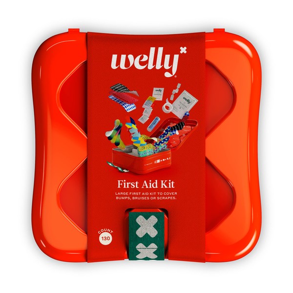 Welly First Aid Kit - Adhesive Flexible Fabric and Waterproof Bandages, Tape Non-Stick Pads, Butterfly Strips, Singe Use Ointments Triple Antibiotic Hydrocortisone, Ibuprofen 130 Count