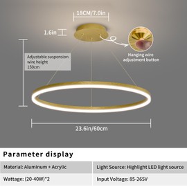 23.6in Modern Pendant Lights, Acrylic Anti Flicker Pendant Lamp with Remote Control LED Dimmable 3 Color Mode & Brightness (Warm & Cool & Neutral Light) Ceiling Lamp for Kitchen,Chandelier Gold