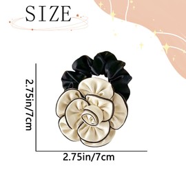 Flower Scrunchies for Women French Hair Ties Large Camellia Hair Scrunchies Valentine Hair Accessories Headband Elegant Black White Flower Silk Satin Ponytail Holder Elastics Rubber Band 1Pcs (White)
