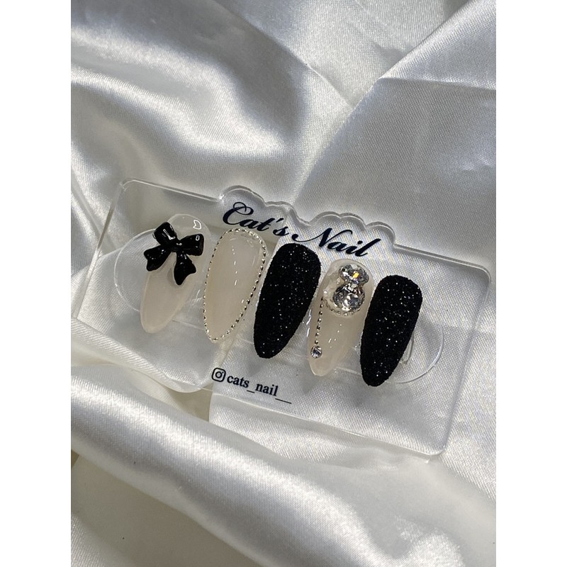 Black Ribbon Syrup Glitter Nail Handmade Nail Tip - Long