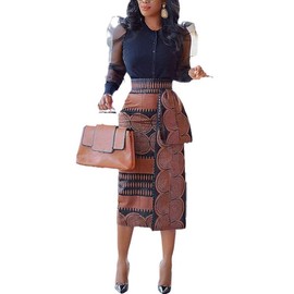 CQWL Women's Fashion Print High Waist Pencil Skirts Back Slit Elegant Party Midi Skirt Brown