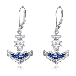 Anchor Earrings Sterling Silver Nautical Drop Earrings Steering Wheel Thread Ocean Sea Nautical Theme Jewellery Gifts for Women Girls, Sterling Silver, Cubic Zirconia